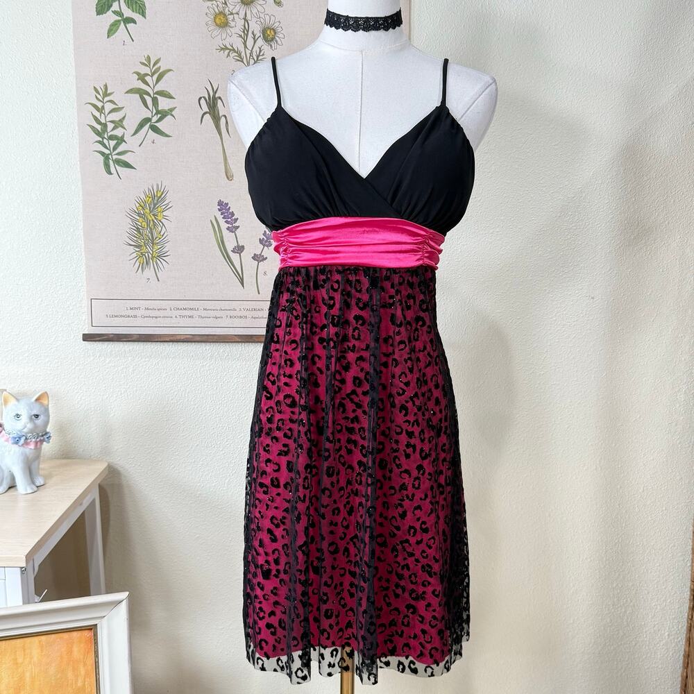 90s Y2k Mesh Glitter Leopard Babydoll Party Dress Gyaru Trashy Sexy McBling S